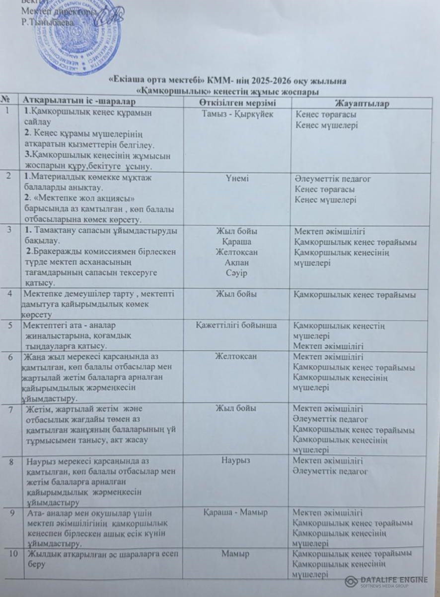 Қамқоршылық кеңестің жұмыс жоспары  2025-2026 оқу жылы.